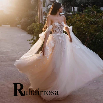 Ruhair Elegante Querida Arco Cap Mangas Sem Encosto Vestidos De Noiva De Uma Linha Para A Noiva Apliques Personalizados Vestidos De Noiva