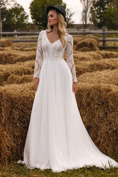 Simples e Elegantes, Vestidos de Casamento Para a Mulher V-pescoço com Mangas Longas Novo 2023 Vestido de Noiva de Trem de Varredura Para as Mulheres, Feito-À-Medida de